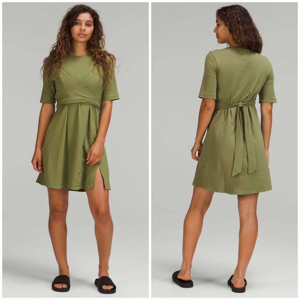 Earthy Lululemon Wrap Front T-Shirt Dress Size 10 Green Pima Cotton